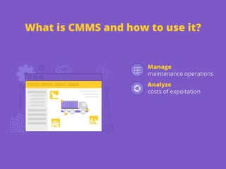What is CMMS and how to use it?
Manage
maintenance operations
Analyze
costs of expoitation
 