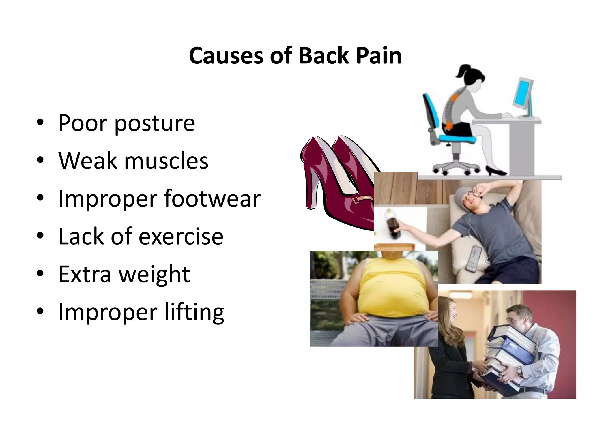 Causes of Back Pain
• Poor posture
• Weak muscles
• Improper footwear
• Lack of exercise
• Extra weight
• Improper lifting
 