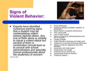 Signs of  Violent Behavior: Experts have identified numerous warning signs that a student may be contemplating violent actions against others. Any one of them alone is unlikely to signal a violent attack but several of them in combination should lead us to consult with school administrators and specially trained professionals about the student(s) of concern (Ormrod p.508) Social Withdrawal Excessive feelings of isolation, rejection, or persecution Rapid Decline in academic performance Poor coping skills Lack of anger control Sense of superiority, self-centeredness and lack of empathy Lengthy grudges Violent themes in drawings and written work Intolerance of individual and group differences History of violence, aggression and other discipline Association with violent peers Inappropriate role models Excessive drug or alcohol use Inappropriate access to firearms Threats of violence  