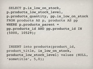  SELECT p.is_low_on_stock,
p.products_low_stock_level,
p.products_quantity, pp.is_low_on_stock
FROM products AS p, products AS pp
WHERE p.products_parent =
pp.products_id AND pp.products_id IN
(5000, 10529);



 INSERT into products(product_id,
product_title, is_low_on_stock,
products_low_stock_level) values (NULL,
‘sometitle’, 5,0);
 
