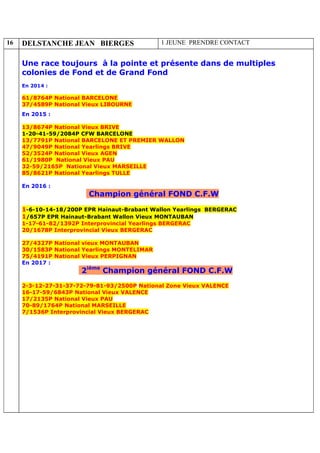 16 DELSTANCHE JEAN BIERGES 1 JEUNE PRENDRE CONTACT
Une race toujours à la pointe et présente dans de multiples
colonies de Fond et de Grand Fond
En 2014 :
61/8764P National BARCELONE
37/4589P National Vieux LIBOURNE
En 2015 :
13/8674P National Vieux BRIVE
1-20-41-59/2084P CFW BARCELONE
13/7791P National BARCELONE ET PREMIER WALLON
47/9049P National Yearlings BRIVE
52/3524P National Vieux AGEN
61/1980P National Vieux PAU
32-59/2165P National Vieux MARSEILLE
85/8621P National Yearlings TULLE
En 2016 :
Champion général FOND C.F.W
1-6-10-14-18/200P EPR Hainaut-Brabant Wallon Yearlings BERGERAC
1/657P EPR Hainaut-Brabant Wallon Vieux MONTAUBAN
1-17-61-82/1392P Interprovincial Yearlings BERGERAC
20/1678P Interprovincial Vieux BERGERAC
27/4327P National vieux MONTAUBAN
30/1583P National Yearlings MONTELIMAR
75/4191P National Vieux PERPIGNAN
En 2017 :
2ième
Champion général FOND C.F.W
2-3-12-27-31-37-72-79-81-93/2500P National Zone Vieux VALENCE
16-17-59/6843P National Vieux VALENCE
17/2135P National Vieux PAU
70-89/1764P National MARSEILLE
7/1536P Interprovincial Vieux BERGERAC
 