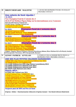 20 DHONT BERNARD MALONNE 1 JEUNE DES REPRODUCTEURS EN JUILLET
PRENDRE CONTACT
Une colonie de fond réputée !
En 2014:
Vice Champion Fond de L'entente des 4
18-31-57-64 Meilleur Pigeon Belge sur les internationaux avec 3 concours
50-67-93/1368 Libourne National zone
29/1401P Jarnac Yearlings National zone
13-18/2612P Marseille National
9-15/2801P Marseille International Femelles
En 2015: Champion Fond de L'entente des 5
76/3524P National AGEN
60-83/2165P National Vieux MARSEILLE
82/4047P National Vieux NARBONNE
En 2016: Champion Fond de L'entente des 5
21/6746P Interprovincial CHALON -SUR- SAÔNE
14-18/1678P Interprovincial BERGERAC
74/7322P National Yearlings TULLE
En 2017: Champion Fond de L'entente des 5
94/3950P National Vieux LIBOURNE
66/1767P National Vieux MARSEILLE
26-94/4272P National Vieux NARBONNE
59/4620P National Vieux PERPIGNAN
Origines : Depasse, Monseu M (Denys), Mornard, Deneubourg, Balman, Direct Meirlaen E(Cor De Heyde), Saetiydt
P&S(Vancopennole/ Florizonne), 100%Vancopennolle, Bascourt.
21 GENOT PATRICK AUVELAIS 1 FEMELLE 2016 A CHOISIR PRETE POUR LA
REPRODUCTION PRENDRE CONTACT
UNE DES PLUS PETITES COLONIES NAMUROISES
1/883P EPR Liège-Namur-Luxembourg Châteauroux 2011
27/5564P National zone Châteauroux
13/1126P Châteauroux EPR Liège-Namur-Luxembourg 2013
23/2484P Châteauroux National zone 2013
27/5564P Châteauroux National zone 2011
86/2507P Tulle National zone 2013
Depuis 2014 :
62/1690P Tulle National zone 2014
6/ 4571P National Vieux NARBONNE 2014
9/7470P International Vieux NARBONNE201
1/251P Indépendante de Liège CAHORS
5/449P EPR LIEGE-Namur-Luxembourg CAHORS
50/3328P National zone Vieux CAHORS
100/1678P Centre-Est BERGERAC
9-46/3129P AWC Yearlings CHATEAUROUX
40-44/4272P National Vieux NARBONNE
59-65/10421P International Vieux NARBONNE
Toujours plus de 50% de Prix en fond
Origines : Delbar – Descheemaecker (Natural) et lignées Janssen - Van Boxtel (Simons Nederland)
 