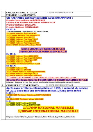 7 CARO JEAN-MARC ET ALAIN
VERVIERS (LAMBERMONT)
1 JEUNE PRENDRE CONTACT
UN PALMARES EXTRAORDINAIRE AVEC NOTAMMENT :
Premier International de BORDEAUX
Le titre d'AS PIGEON NATIONAL FOND R.F.C.B
Premier National SOULLIAC
Premier National MONTAUBAN
En 2015:
1-29-53/673P EPR Liège-Namur-Lux. Vieux CAHORS
33/6576P National Vieux CAHORS
3-35/9049P National Yearlings BRIVE
29/8674P National Vieux BRIVE
44/8621P National Yearlings TULLE
45/3879P National Vieux JARNAC
49/4559P National Yearlings JARNAC
80-92/2767P National Yearlings AGEN
6ième CHAMPION GENERAL R.F.C.B
3ième CHAMPION FOND VIEUX R.F.C.B
En 2016:
14/5195P National Vieux LIBOURNE
38/3697P National Yearlings LIBOURNE
40/2932P National Yearlings AGEN
63/13493 National LIMOGES
70/6101P5195P National Vieux TULLE
En 2017:
26/2135P National PAU
34/5639P National CAHORS
26-36/3424P National Yearlings NARBONNE
65/9578P National Yearlings TULLE
97/3950P National Yearlings LIBOURNE
2ième
MEILLEURE COLONIE FOND ET GRAND FOND YEARLINGS WALLONNE
29ième Meilleure Colonie FOND§ GRAND FONDYEARLINGS R.F.C.B
Origines : Toujours la race Caro hormis une femelle Derauw-Sablon qui a marqué la colonie
8 CHARLIER ETIENNE PETIGNY 1 JEUNE PRENDRE CONTACT
Après avoir arrêté la colombophilie en 1995, il reprend du service
en 2013 avec déjà une consécration NATIONALE cette année
En 2015 :
12/18258P National Yearlings CHATEAUROUX
En 2016 :
18-23/6236P National Vieux VALENCE
En 2017 :
11/5997P AWC Yearlings NEVERS
28/3196P AWC Yearlings MONTLUCON
1/1764P NATIONAL MARSEILLE
1/8054P INTERNATIONAL MARSEILLE
Origines : Richard Charlier, Casaert-Sénechal ,Rémy Richard, Guy Delfosse, Gilles-Galle
 
