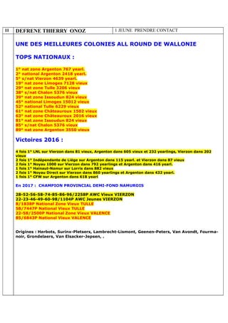 11 DEFRENE THIERRY ONOZ 1 JEUNE PRENDRE CONTACT
UNE DES MEILLEURES COLONIES ALL ROUND DE WALLONIE
TOPS NATIONAUX :
1° nat zone Argenton 767 yearl.
2° national Argenton 2418 yearl.
5° s/nat Vierzon 4639 yearl.
19° nat zone Limoges 7128 vieux
29° nat zone Tulle 3206 vieux
38° s/nat Chalon 5376 vieux
39° nat zone Issoudun 824 vieux
45° national Limoges 15012 vieux
52° national Tulle 6229 vieux
61° nat zone Châteauroux 1502 vieux
63° nat zone Châteauroux 2016 vieux
81° nat zone Issoudun 824 vieux
85° s/nat Chalon 5376 vieux
89° nat zone Argenton 3550 vieux
Victoires 2016 :
4 fois 1° LNL sur Vierzon dans 81 vieux, Argenton dans 605 vieux et 232 yearlings, Vierzon dans 202
vieux
2 fois 1° Indépendante de Liège sur Argenton dans 115 yearl. et Vierzon dans 87 vieux
2 fois 1° Noyau 1000 sur Vierzon dans 792 yearlings et Argenton dans 416 yearl.
1 fois 1° Hainaut-Namur sur Lorris dans 882 vieux
2 fois 1° Noyau Direct sur Vierzon dans 860 yearlings et Argenton dans 432 yearl.
1 fois 1° CFW sur Argenton dans 618 yearl.
En 2017 : CHAMPION PROVINCIAL DEMI-FOND NAMUROIS
28-52-56-58-74-85-86-96/2258P AWC Vieux VIERZON
22-23-46-49-60-98/1104P AWC Jeunes VIERZON
8/1838P National Zone Vieux TULLE
58/7447P National Vieux TULLE
22-58/2500P National Zone Vieux VALENCE
85/6843P National Vieux VALENCE
Origines : Herbots, Surinx-Pletsers, Lambrecht-Lismont, Geenen-Peters, Van Avondt, Fourma-
noir, Grondelaers, Van Elsacker-Jepsen, .
 