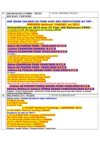 13 DELBUSHAYE CEDRIC PETIT-
RECHAIN VERVIERS
1 JEUNE PRENDRE CONTACT
UNE JEUNE COLONIE DE FOND AVEC DES PRESTATIONS AU TOP :
PREMIER National CAHORS en 2013
Extraordinaire en 2015 avec 15 Tops 100 Nationaux FOND :
1-7-15-16-21/242P EPR Liège-Namur-Lux. Yearlings LIMOGES
30/6542P National Vieux VALENCE
3/8674P National Vieux BRIVE
43-45-89/9049P National Yearlings BRIVE
4/3366P National Yearlings NARBONNE
16-34-38-72/1512P National Yearlings MONTELIMAR
40-90/6229P National Vieux TULLE
43-59-86/8621P National Yearlings TULLE
9ième AS PIGEON FOND YEARLINGS R.F.C.B
11ième CHAMPION GENERAL R.F.C.B
15ième CHAMPION FOND YEARLINGS R.F.C.B
En 2016 :
1-19/465P EPR LIEGE-Namur-Luxembourg Yearlings BRIVE
7-80/1512P National Yearlings MONTELIMAR
32-41-88/8621P National Yearlings TULLE
44-67/6229P National Vieux TULLE
5ième CHAMPION FOND YEARLINGS R.F.C.B
9ième AS PIGEON FOND YEARLINGS R.F.C.B
16ième AS PIGEON GRAND-FOND YEARLINGS R.F.C.B
En 2017 :
1/1236P National Zone Yearlings TULLE
10/9578P National Zone Yearlings TULLE
54/10554P National Yearlings LIMOGES
32/3424P National Yearlings NARBONNE
MEILLEURE COLONIE FOND ET GRAND FOND YEARLING WALLONNE
11ième AS PIGEON FOND§ GRAND-FOND YEARLINGS R.F.C.B
26ième Meilleure Colonie FOND§ GRAND FONDYEARLINGS R.F.C.B
Origines : Thierry Jacquemotte, Veuve Caro, Victor Andot ainsi que de chez Marc Olivier, ce dernier
cultivant les Dieter Ballmann.
14 DELFOSSE GUY MAZEE 1 JEUNE AU MOIS DE JUIN
Après avoir réalisé plusieurs tops nationaux
5/4865P Orange
5-8/5667P Souillac-
5/5124P Tulle
1/3152P National Yearlings LIBOURNE 2014
17-59/4559P National Yearlings JARNAC
Toujours au top en 2017 :
6-37-63/2986P AWC Yearlings CHATEAUROUX
48/2761P AWC Vieux CHATEAUROUX
8-15-49-53-69/3599P CFW Vieux LIMOGES
29-57/14937P National Vieux LIMOGES
6/9162P National Vieux LIMOGES 2
14/4272P National Vieux NARBONNE
Origines : locales- Nihoul – Poussart Daniel – Veuve Caro
 