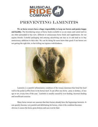 Preventing Laminitis
We as horse owners have a huge responsibility to keep our horses and ponies happy
and healthy. The bewildering arrays of horse feeds available to us are many and varied and we
are often persuaded to buy new, different or unnecessary horse feeds and supplements, for our
equine friends. Colorful packaging and enticing advertising can lure us in and lead us to buy
unnecessary additions to their diet. We can be doing far more harm than good if our horses are
not getting the right diet, in fact killing our equines with kindness.
Laminitis is a painful inflammatory condition of the tissues (laminae) that bond the hoof
wall to the pedal (coffin) bone in the horses hoof. It can affect any horse , pony or donkey, of any
age or sex, at any time of the year. Laminitis is usually caused by over feeding, incorrect feeding
and insufficient exercise.
Many horse owners are unaware that their horses already have the beginnings laminitis. It
can quickly become very painful and debilitating for horses, when it the condition becomes
obvious it causes the horse great distress and can even be fatal.
 