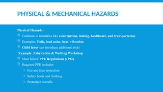 PHYSICAL & MECHANICAL HAZARDS
Physical Hazards:
 Common in industries like construction, mining, healthcare, and transportation
 Examples: Falls, loud noise, heat, vibration
 Child labor can introduce additional risks
Example: Fabrication & Welding Workshop
 Must follow PPE Regulations (1992)
 Required PPE includes:
o Eye and face protection
o Safety boots and clothing
o Protective overalls
 