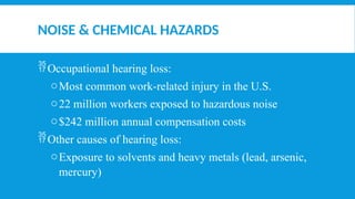 NOISE & CHEMICAL HAZARDS
Occupational hearing loss:
oMost common work-related injury in the U.S.
o22 million workers exposed to hazardous noise
o$242 million annual compensation costs
Other causes of hearing loss:
oExposure to solvents and heavy metals (lead, arsenic,
mercury)
 
