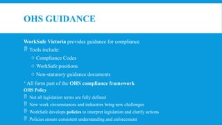 OHS GUIDANCE
WorkSafe Victoria provides guidance for compliance
 Tools include:
o Compliance Codes
o WorkSafe positions
o Non-statutory guidance documents
 All form part of the OHS compliance framework
OHS Policy
 Not all legislation terms are fully defined
 New work circumstances and industries bring new challenges
 WorkSafe develops policies to interpret legislation and clarify actions
 Policies ensure consistent understanding and enforcement
 
