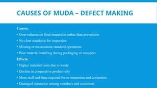 CAUSES OF MUDA – DEFECT MAKING
Causes:
• Over-reliance on final inspection rather than prevention
• No clear standards for inspection
• Missing or inconsistent standard operations
• Poor material handling during packaging or transport
Effects:
• Higher material costs due to waste
• Decline in cooperative productivity
• More staff and time required for re-inspection and correction
• Damaged reputation among members and customers
 