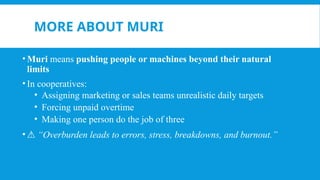 MORE ABOUT MURI
• Muri means pushing people or machines beyond their natural
limits
• In cooperatives:
• Assigning marketing or sales teams unrealistic daily targets
• Forcing unpaid overtime
• Making one person do the job of three
• ⚠️“Overburden leads to errors, stress, breakdowns, and burnout.”
 