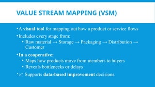 VALUE STREAM MAPPING (VSM)
•A visual tool for mapping out how a product or service flows
•Includes every stage from:
• Raw material → Storage → Packaging → Distribution →
Customer
•In a cooperative:
• Maps how products move from members to buyers
• Reveals bottlenecks or delays
📈 Supports data-based improvement decisions
 