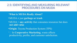 2.5: IDENTIFYING AND MEASURING RELEVANT
PROCEDURES ON MUDA
What is MUDA Really About?
•MUDA ≠ just garbage or trash
•MUDA = any activity that consumes resources but does
not add value
•Origin: Toyota Production System (TPS)
🔎 In Cooperative Marketing, waste affects
productivity, profits, and customer satisfaction.
 
