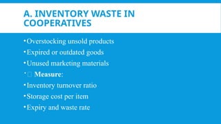 A. INVENTORY WASTE IN
COOPERATIVES
•Overstocking unsold products
•Expired or outdated goods
•Unused marketing materials
📏 Measure:
•Inventory turnover ratio
•Storage cost per item
•Expiry and waste rate
 