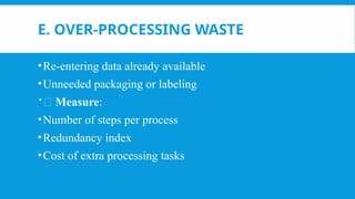 E. OVER-PROCESSING WASTE
•Re-entering data already available
•Unneeded packaging or labeling
📏 Measure:
•Number of steps per process
•Redundancy index
•Cost of extra processing tasks
 