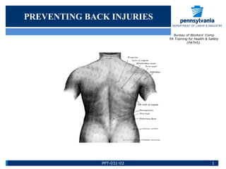 PREVENTING BACK INJURIES
Bureau of Workers’ Comp
PA Training for Health & Safety
(PATHS)
1PPT-031-02
 