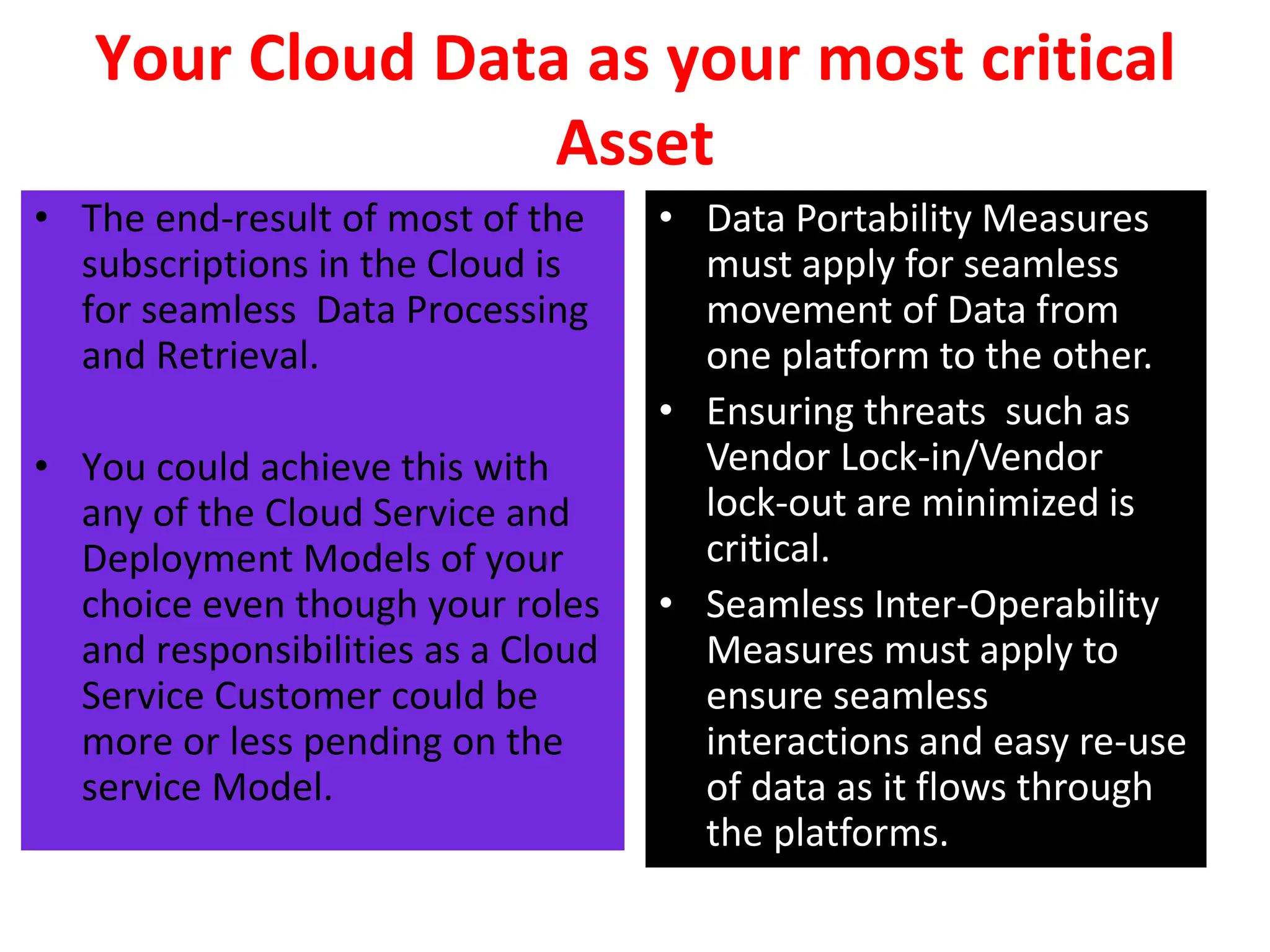 Your Cloud Data as your most critical
Asset
• The end-result of most of the
subscriptions in the Cloud is
for seamless Data Processing
and Retrieval.
• You could achieve this with
any of the Cloud Service and
Deployment Models of your
choice even though your roles
and responsibilities as a Cloud
Service Customer could be
more or less pending on the
service Model.
• Data Portability Measures
must apply for seamless
movement of Data from
one platform to the other.
• Ensuring threats such as
Vendor Lock-in/Vendor
lock-out are minimized is
critical.
• Seamless Inter-Operability
Measures must apply to
ensure seamless
interactions and easy re-use
of data as it flows through
the platforms.
 