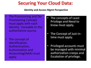 Securing Your Cloud Data:
Identity and Access Mgmt Perspective
• The Provisioning and De-
Provisioning Concept
must apply with each
Identity traceable to the
authoritative source.
• The concept of
Identification,
Authentication,
Authorization and
Accounting(IAAA) must
apply.
• The concepts of Least
Privilege and Need to
know must apply.
• The Concept of Just-in-
time must apply.
• Privileged accounts must
be managed with minimal
authorization creeps and
Escalation of privilege.
 