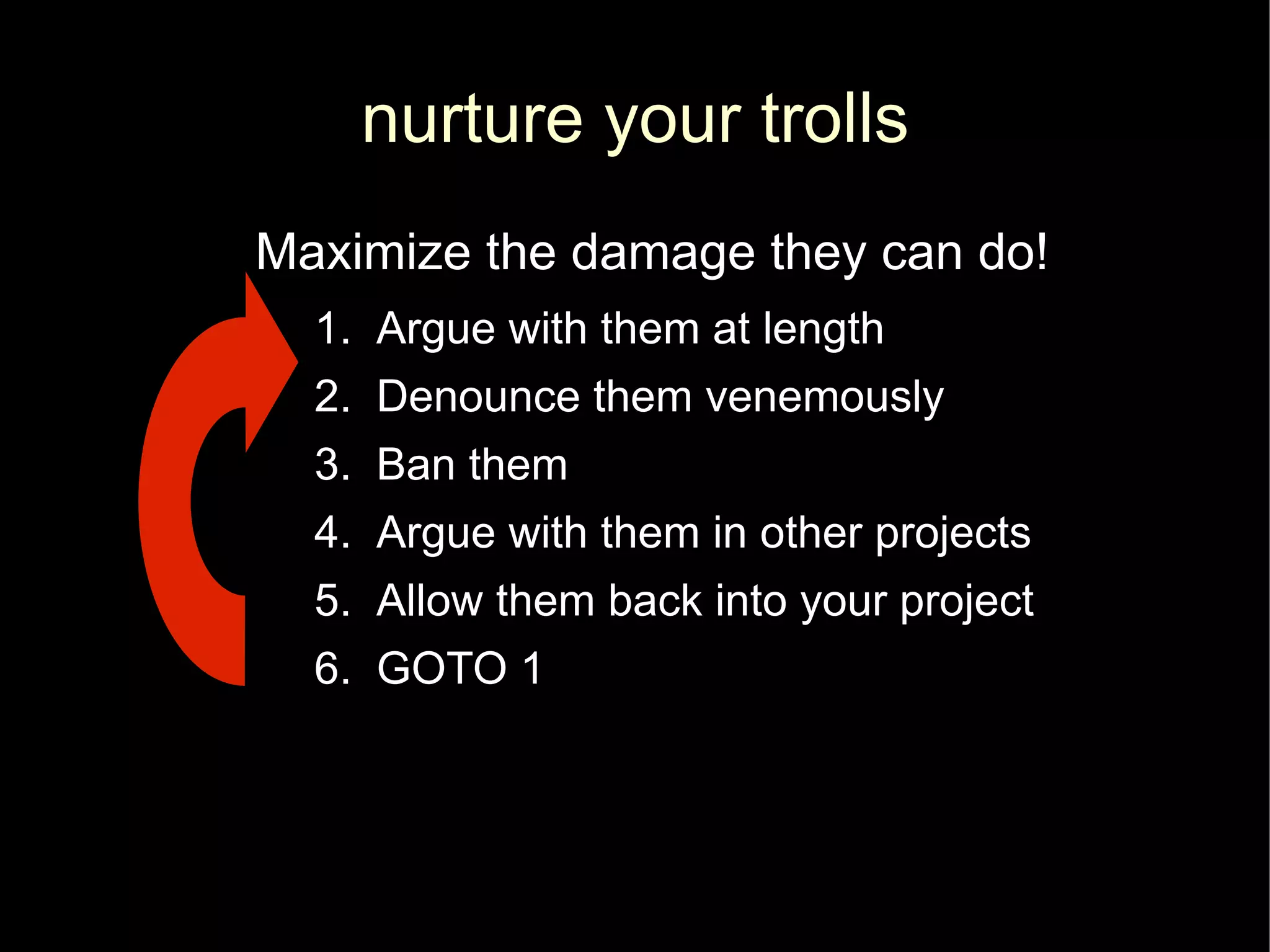 nurture your trolls
Maximize the damage they can do!
  1. Argue with them at length
  2. Denounce them venemously
  3. Ban them
  4. Argue with them in other projects
  5. Allow them back into your project
  6. GOTO 1
 