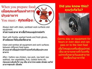 Always start with clean, sanitised work surfaces and
equipment.
ทาความสะอาด ฆ่าเชื้อโรคบนอุปกรณ์ครัว
Start with freshly washed hands and fresh gloves.
ล้างมือและใช้ถุงมือที่สะอาด
Clean and sanitise all equipment and work surfaces
between different food types.
ล้างและฆ่าเชื้ออุปกรณ์ครัวทุกครั้งที่เปลี่ยนประเภท
อาหาร
After / before raw chicken, raw pork, raw beef, raw
seafood, raw vegetables, fruit, cooked items etc.
ก่อนและหลังหั่นไก่ หมู เนื้อ อาหารทะเลสด ผักสด ผลไม้
อาหารสุกแล้ว เป็ นต้น
Germs stay on equipment for
hours or even days and can
pass on to the next food
เชื้อโรคอยู่บนเครื่องมืออุปกรณ์
เป็นเวลานานหลายชั่วโมงหรือ
แม ้กระทั่งหลายวันและสามารถ
ปนเปื้อนในอาหารได ้
Did you know this?
คุณรู้หรือไม่?
When you prepare food:
เมื่อคุณเตรียมทาการ
ปรุงอาหาร
You must:- คุณต้อง:-
 