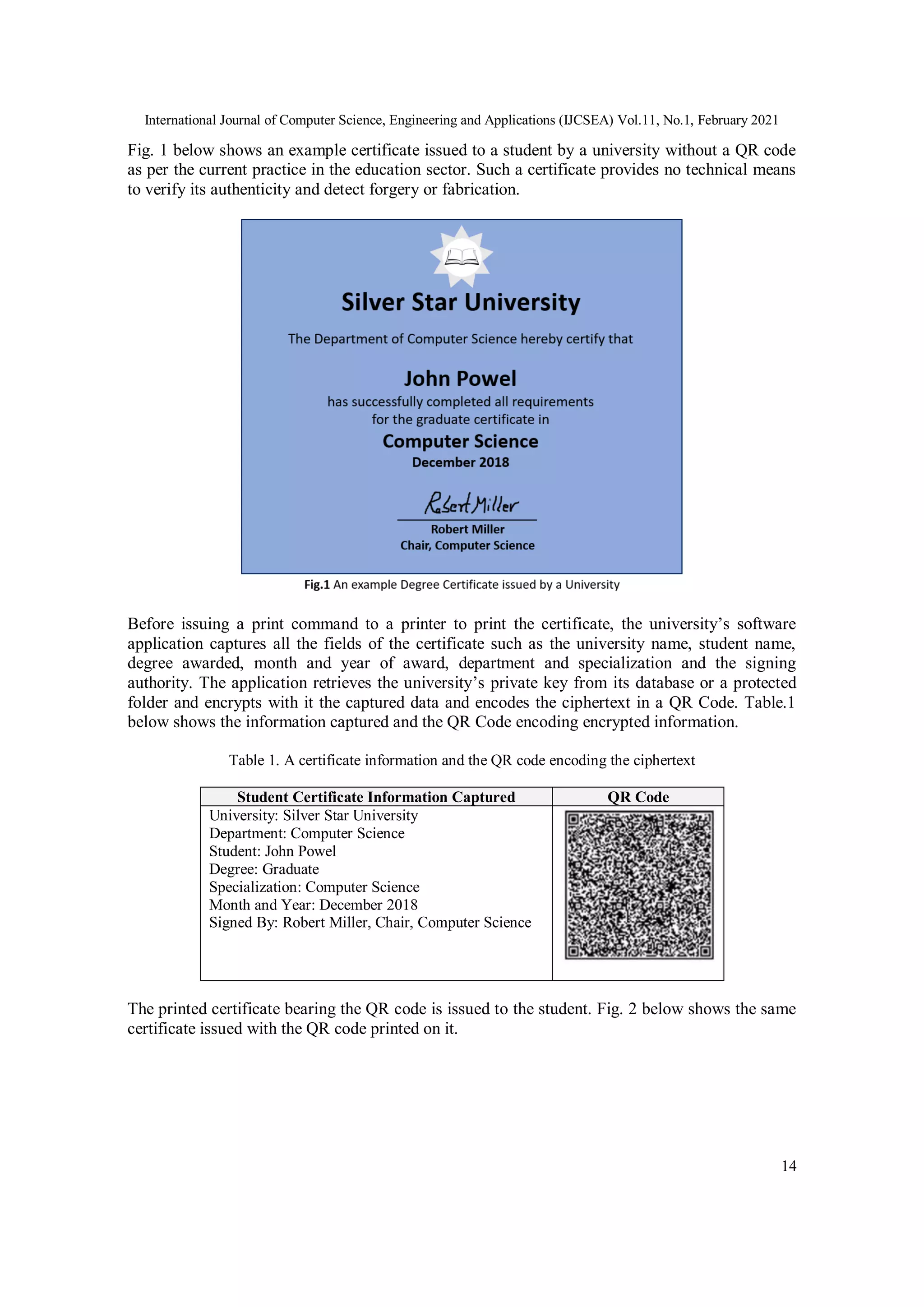 International Journal of Computer Science, Engineering and Applications (IJCSEA) Vol.11, No.1, February 2021
14
Fig. 1 below shows an example certificate issued to a student by a university without a QR code
as per the current practice in the education sector. Such a certificate provides no technical means
to verify its authenticity and detect forgery or fabrication.
Before issuing a print command to a printer to print the certificate, the university’s software
application captures all the fields of the certificate such as the university name, student name,
degree awarded, month and year of award, department and specialization and the signing
authority. The application retrieves the university’s private key from its database or a protected
folder and encrypts with it the captured data and encodes the ciphertext in a QR Code. Table.1
below shows the information captured and the QR Code encoding encrypted information.
Table 1. A certificate information and the QR code encoding the ciphertext
Student Certificate Information Captured QR Code
University: Silver Star University
Department: Computer Science
Student: John Powel
Degree: Graduate
Specialization: Computer Science
Month and Year: December 2018
Signed By: Robert Miller, Chair, Computer Science
The printed certificate bearing the QR code is issued to the student. Fig. 2 below shows the same
certificate issued with the QR code printed on it.
 