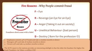 Proprietary Material of CA Sailesh Cousik. Prepared For academic use of intended recipients only.
Not to be circulated, published or used without prior authorization
Five Reasons -Why People commit Fraud
F – Fun
R – Revenge (an Eye for an Eye)
A – Anger (Taking it out on society)
U – Unethical Behaviour- (bad person)
D – Destiny ( Born for the profession )
1. Employees commit 42% of Frauds and take 12 median months to detect
2. Managers 36% and take 18 median months to detect
3. Owners 19% and take 24 median months to detect
The ACFE report to the nations provides an interesting sidelight is that the older the fraudster the higher the
fraud-Fraudster> 60 Value=.5 million USD
Fraudsters don’t come with a label
 
