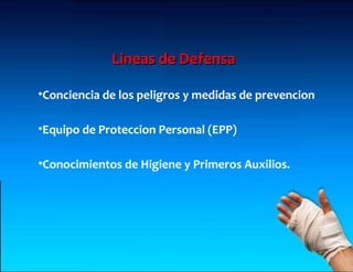 Lineas de Defensa

•Conciencia de los peligros y medidas de prevencion

•Equipo de Proteccion Personal (EPP)

•Conocimientos de Higiene y Primeros Auxilios.
 