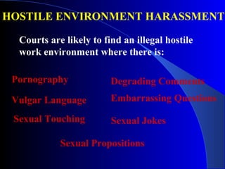 HOSTILE ENVIRONMENT HARASSMENT
Courts are likely to find an illegal hostile
work environment where there is:
Pornography
Vulgar Language
Sexual Touching
Degrading Comments
Embarrassing Questions
Sexual Jokes
Sexual Propositions
 