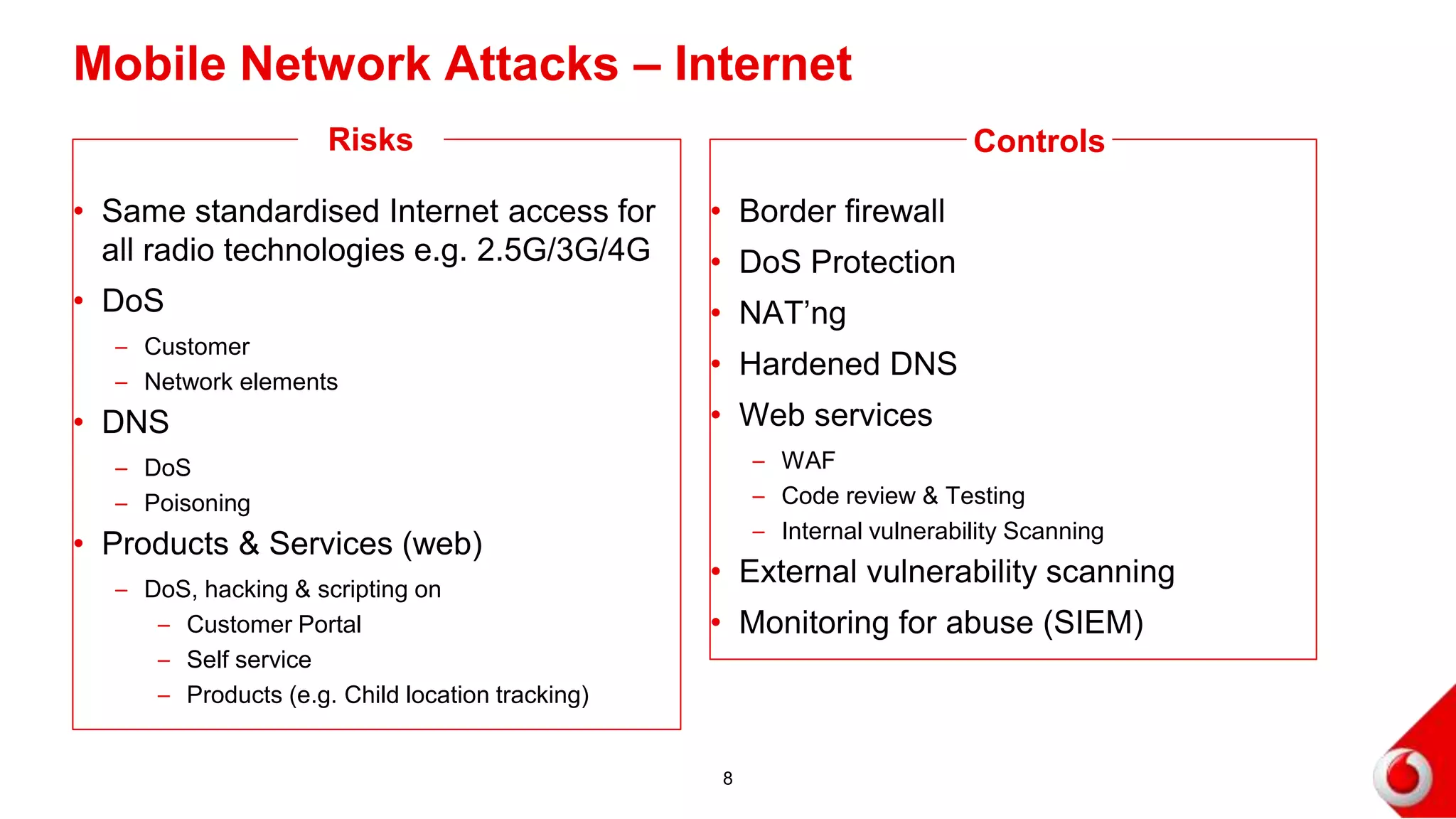 Mobile Network Attacks – Internet
• Same standardised Internet access for
all radio technologies e.g. 2.5G/3G/4G
• DoS
– Customer
– Network elements
• DNS
– DoS
– Poisoning
• Products & Services (web)
– DoS, hacking & scripting on
– Customer Portal
– Self service
– Products (e.g. Child location tracking)
• Border firewall
• DoS Protection
• NAT’ng
• Hardened DNS
• Web services
– WAF
– Code review & Testing
– Internal vulnerability Scanning
• External vulnerability scanning
• Monitoring for abuse (SIEM)
8
Risks Controls
 