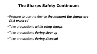 The Sharps Safety Continuum
• Prepare to use the device the moment the sharps are
first exposed
• Take precautions while using sharps
• Take precautions during cleanup
• Take precautions during disposal
 