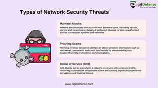 Malware Attacks
Phishing Scams
Denial of Service (DoS)
Malware encompasses various malicious software types, including viruses,
worms, and ransomware, designed to disrupt, damage, or gain unauthorized
access to computer systems and networks.
Phishing involves deceptive attempts to obtain sensitive information such as
usernames, passwords, and credit card details by masquerading as a
trustworthy entity in electronic communications.
DoS attacks aim to overwhelm a network or service with excessive traffic,
rendering it unavailable to legitimate users and causing significant operational
disruptions and financial losses.
Types of Network Security Threats
www.digitdefence.com
 