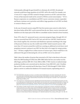 63Belfer Center for Science and International Affairs | Harvard Kennedy School
Unfortunately, although the goal should be to eliminate all civil HEU, the planned
removals would leave large quantities of civil HEU still in the world. For example, over
13 tons of U.S.-origin civil HEU existed in foreign countries as of 2013, and more than
10 tons of that material would not be covered in NNSA’s current removal plans.134
If U.S.-
Russian cooperation on consolidation and HEU reactor conversion remains suspended,
and Russia continues not to prioritize such efforts, large quantities of civil HEU are likely
to remain in Russia, as well.
In the case of research reactors using HEU fuel, the reactors must convert to other fuel or
shut down before all the HEU can be removed from the site. Hence, reactor conversion and
shutdown are also major parts of the effort to consolidate nuclear material to fewer locations.
From 1978, when U.S.-sponsored reactor conversion programs began, through 2015, 65
reactors converted from HEU fuel to LEU fuel, and well over 100 HEU-fueled reactors
have closed; together, the conversions and shutdowns represent something in the range
of 60 percent of what was once the world’s total of HEU-fueled research reactors. Still,
more than 125 reactors around the world (not counting an additional several dozen naval
propulsion reactors) continue to use HEU for their fuel or for targets for isotope produc-
tion.135
Of these, roughly 90 are civilian reactors of various types, which would have to be
addressed if the goal of eliminating the civil use of HEU were to be achieved.136
Table 2 shows the number of reactors that converted to LEU fuel or shut down in the years
before the 2004 founding of GTRI; from 2004-2008, before the four-year nuclear security
effort began; and from 2009-2015. From 2004 to 2008, 17 HEU reactors or medical isotope
production facilities were converted and six shut down. From 2009-2015, only 13 facilities
that use HEU were converted and 20 shut down. From FY 2016 through FY 2020, NNSA
plans to convert or confirm the shutdown of 18 research reactors, representing some 14
134	 The United States only plans to remove a cumulative total of 6,800 kilograms of nuclear material by 2021. By 2013,
the United States had already helped remove approximately 2,965 kilograms of nuclear material. This means only an
additional three tons of nuclear material will be removed from 2014 through 2021. See DOE, FY 2017 Congressional
Budget Request: NNSA, p. 473.
135	 This includes the 118 land-based reactors identified by the International Panel on Fissile Materials (except for two that
are actually plutonium-fueled rather than HEU-fueled), and nine reactors for nuclear-powered icebreakers in Russia. See
International Panel on Fissile Materials,“Facilities: Reasearch and Isotope Production Reactors”(Princeton, N.J.: IPFM,
2015), http://fissilematerials.org/facilities/research_and_isotope_production_reactors.html (accessed May 3, 2015).
136	 This includes 74 civilian research reactors using or planning to use HEU fuel; six reactors using HEU for targets for
isotope production; two civilian power reactors (the BN-600 and BN-800 reactors in Russia); and the nine icebreaker
reactors. For a list of the 74 civilian HEU-fueled research reactors, along with lists of military-purpose and icebreaker
reactors, see U.S. National Academies of Sciences, Engineering, and Medicine, Reducing the Use of Highly Enriched
Uranium in Civilian Research Reactors (Washington, D.C.: National Academies Press, January, 2016), pp. 31–33, 186–187.
 