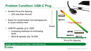 1010Confidential and Proprietary | Littelfuse, Inc. © 2018
Problem Condition: USB-C Plug
 Smaller Pin-to-Pin Spacing
– 23% less than micro-B
 Easier for contamination and damaged pins
to cause resistive fault
 USB-PD capable up to 100W
– Increasing likelihood of overheating
faults
– Micro-B typically only 18-25W
Smaller space with more power = more thermal risk
Power
Pin to Pin Spacing
Thermal Risk
 