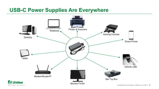 222Confidential and Proprietary | Littelfuse, Inc. © 2018 2
USB-C Power Supplies Are Everywhere
Notebook
Monitor/TV/AV
Printer & Scanners
Set Top Box
Modem/Router/IT
Desktop
Gaming Console
Smart Phone
Tablet
Vehicle USB
 