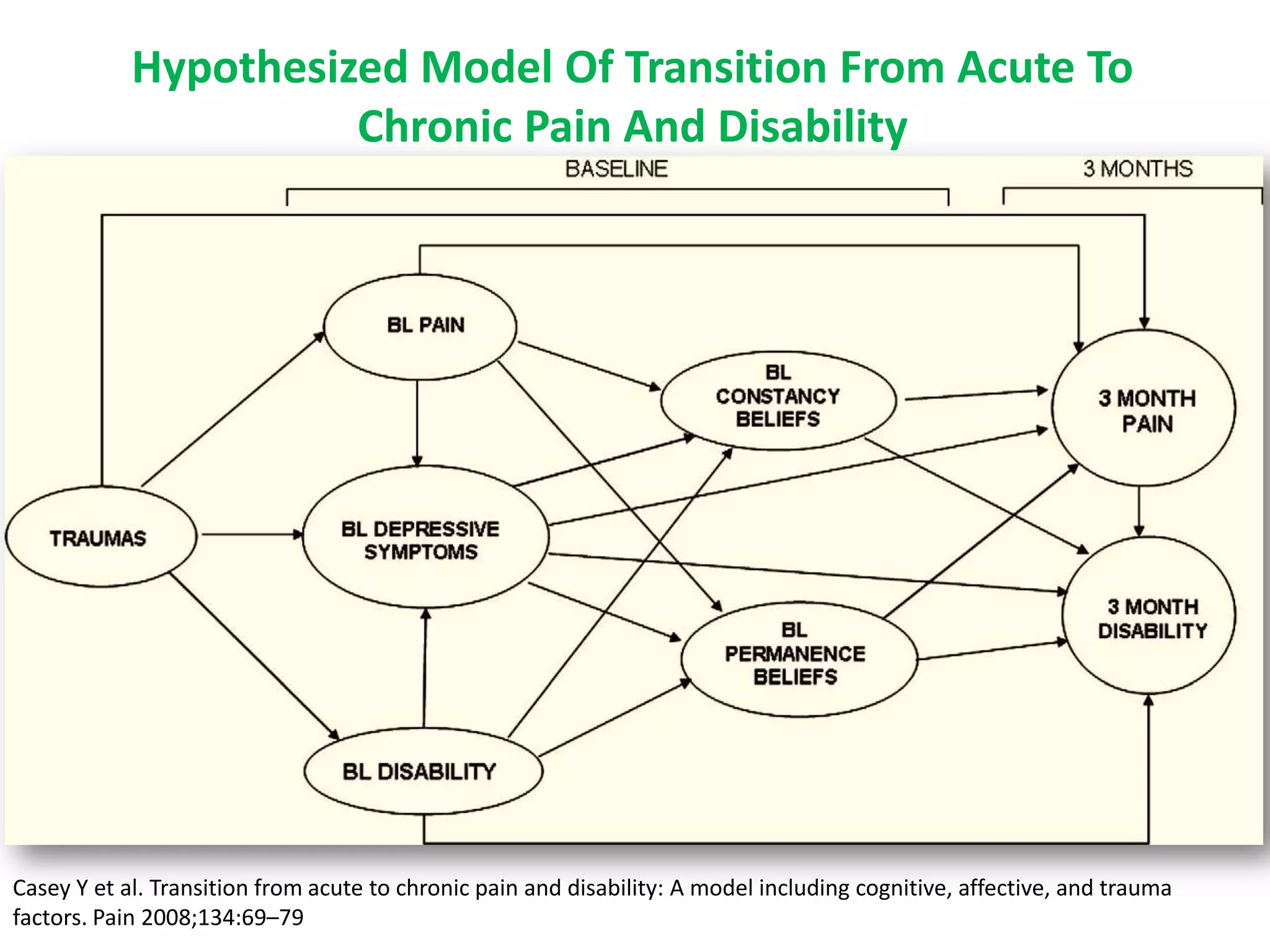 Hypothesized Model Of Transition From Acute To
                      Chronic Pain And Disability




Casey Y et al. Transition from acute to chronic pain and disability: A model including cognitive, affective, and trauma
factors. Pain 2008;134:69–79
 