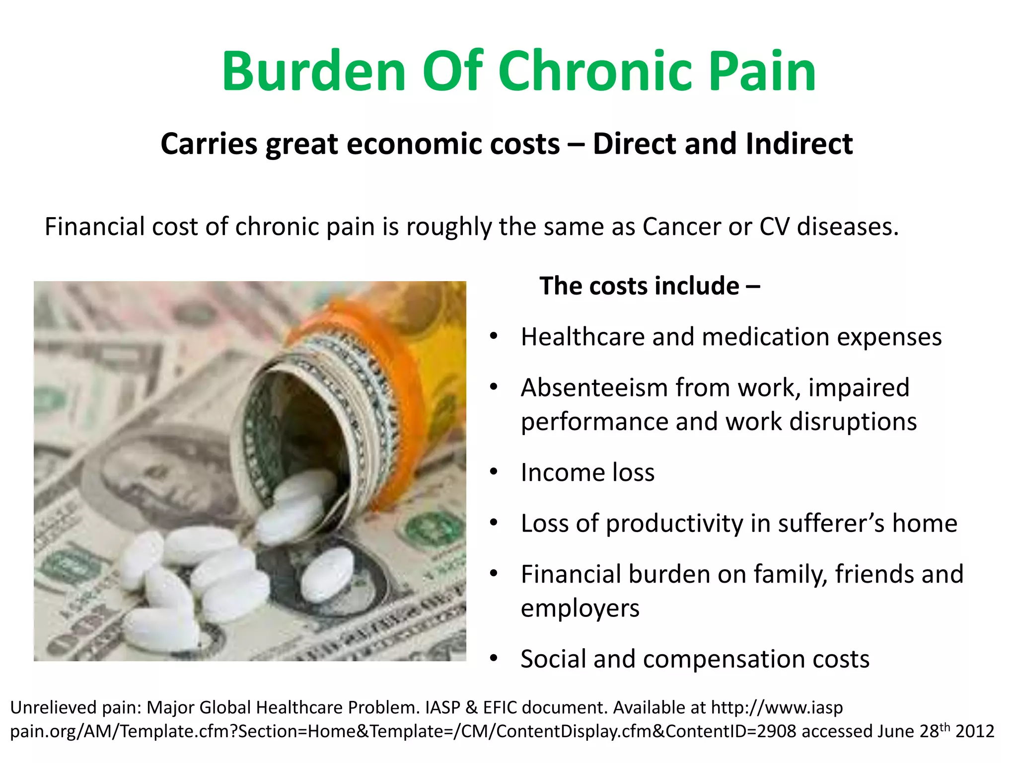 Burden Of Chronic Pain
                Carries great economic costs – Direct and Indirect

   Financial cost of chronic pain is roughly the same as Cancer or CV diseases.

                                                          The costs include –
                                                    • Healthcare and medication expenses
                                                    • Absenteeism from work, impaired
                                                      performance and work disruptions
                                                    • Income loss
                                                    • Loss of productivity in sufferer’s home
                                                    • Financial burden on family, friends and
                                                      employers
                                                    • Social and compensation costs
Unrelieved pain: Major Global Healthcare Problem. IASP & EFIC document. Available at http://www.iasp
pain.org/AM/Template.cfm?Section=Home&Template=/CM/ContentDisplay.cfm&ContentID=2908 accessed June 28th 2012
 