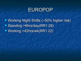 EUROPOP
   Working Night Shifts (~50% higher risk)
   Standing >6hrs/day(RR1.26)
   Working >42hrs/wk(RR1.22)
 