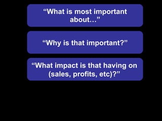 “ What is most important about…” “ Why is that important?” “ What impact is that having on (sales, profits, etc)?”