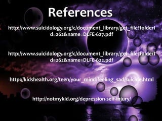 References
http://www.suicidology.org/c/document_library/get_file?folderI
d=262&name=DLFE-627.pdf
http://www.suicidology.org/c/document_library/get_file?folderI
d=262&name=DLFE-622.pdf
http://kidshealth.org/teen/your_mind/feeling_sad/suicide.html
http://notmykid.org/depression-self-injury/
 