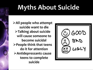 Myths About Suicide
All people who attempt
suicide want to die
Talking about suicide
will cause someone to
become suicidal
People think that teens
do it for attention
Antidepressants cause
teens to complete
suicide
 
