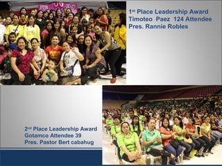 1st
Place Leadership Award
Timoteo Paez 124 Attendee
Pres. Rannie Robles
2nd
Place Leadership Award
Gotamco Attendee 39
Pres. Pastor Bert cabahug
 