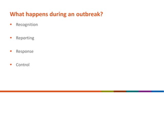 What happens during an outbreak?
 Recognition
 Reporting
 Response
 Control
 