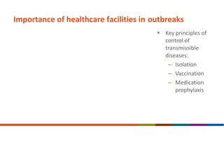 Importance of healthcare facilities in outbreaks
 Key principles of
control of
transmissible
diseases:
– Isolation
– Vaccination
– Medication
prophylaxis
 