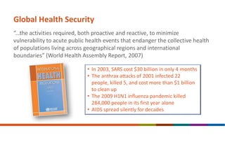 Global Health Security
“...the activities required, both proactive and reactive, to minimize
vulnerability to acute public health events that endanger the collective health
of populations living across geographical regions and international
boundaries” (World Health Assembly Report, 2007)
• In 2003, SARS cost $30 billion in only 4 months
• The anthrax attacks of 2001 infected 22
people, killed 5, and cost more than $1 billion
to clean up
• The 2009 H1N1 influenza pandemic killed
284,000 people in its first year alone
• AIDS spread silently for decades
 