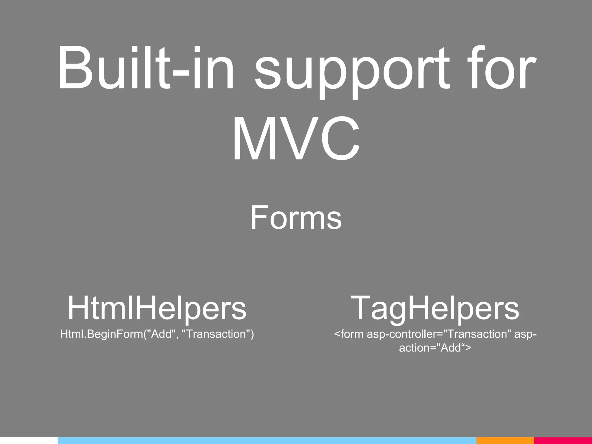 Built-in support for
MVC
Forms
HtmlHelpers
Html.BeginForm("Add", "Transaction")
TagHelpers
<form asp-controller="Transaction" asp-
action="Add“>