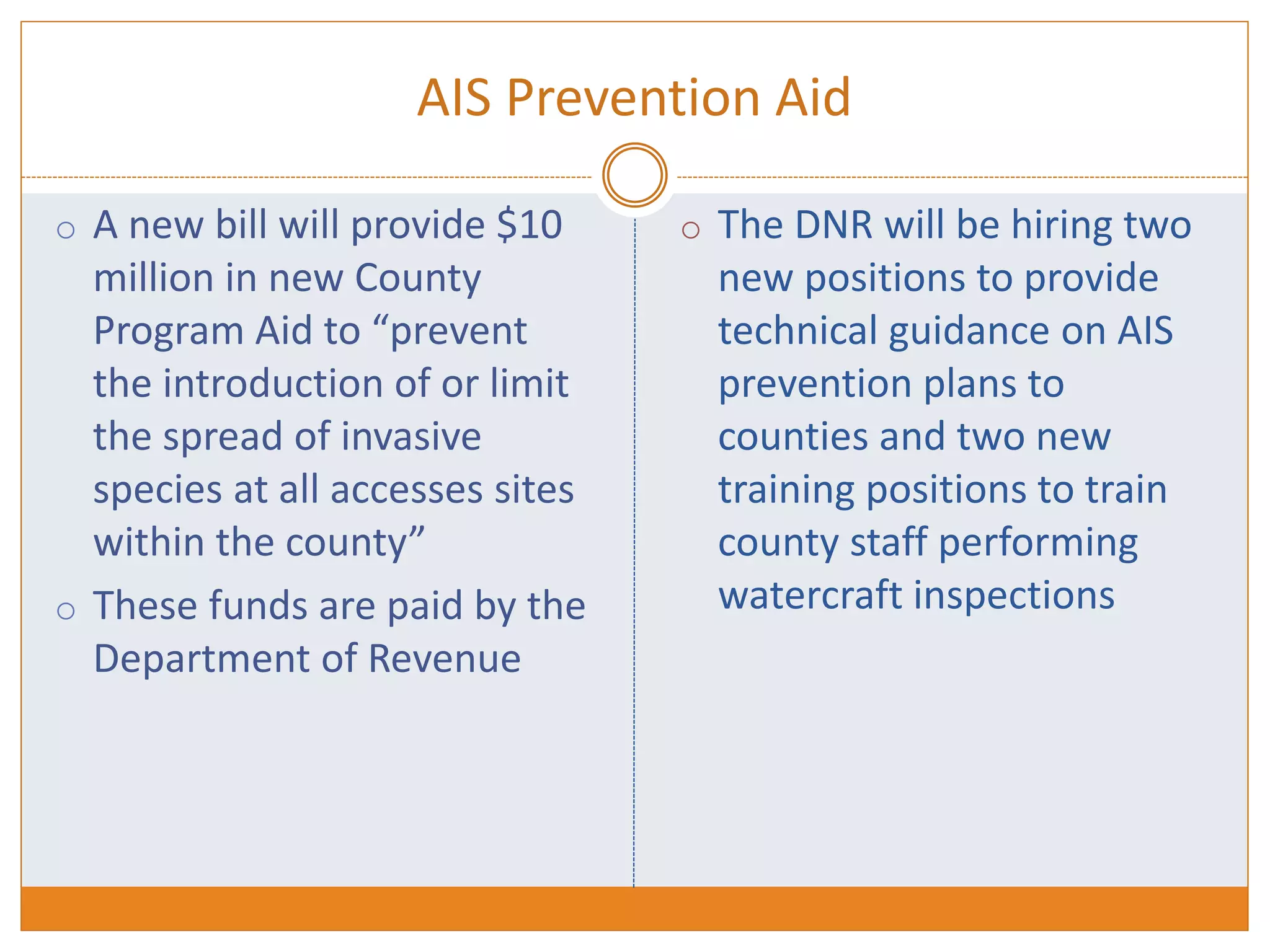 AIS Prevention Aid
o A new bill will provide $10
million in new County
Program Aid to “prevent
the introduction of or limit
the spread of invasive
species at all accesses sites
within the county”
o These funds are paid by the
Department of Revenue
o The DNR will be hiring two
new positions to provide
technical guidance on AIS
prevention plans to
counties and two new
training positions to train
county staff performing
watercraft inspections
 