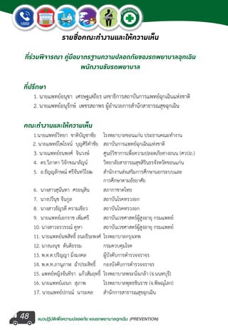 แนวปฏิบัติเพ�่อความปลอดภัย ของรถพยาบาลฉุกเฉิน (PREVENTION)
EMERGENCY
P
reventio
n
EMERGENCY
P
reventio
n
48
รายชื่อคณะทำ�งานและให้ความเห็น
ที่ร่วมพิจารณา คู่มือมาตรฐานความปลอดภัยของรถพยาบาลฉุกเฉิน
พนักงานขับรถพยาบาล
ที่ปรึกษา
      1. นายแพทย์อนุชา  เศรษฐเสถียร	เลขาธิการสถาบันการแพทย์ฉุกเฉินแห่งชาติ
      2. นายแพทย์อนุรักษ์  เพชรสถาพร ผู้อำ�นวยการสำ�นักสาธารณสุขฉุกเฉิน
คณะทำ�งานและให้ความเห็น
1.นายแพทย์วิทยา  ชาติบัญชาชัย	 โรงพยาบาลขอนแก่น ประธานคณะทำ�งาน
      2. นายแพทย์ไพโรจน์  บุญศิริคำ�ชัย	 สถาบันการแพทย์ฉุกเฉินแห่งชาติ
      3. นายแพทย์ธนพงศ์  จินวงษ์	 ศูนย์วิชาการเพื่อความปลอดภัยทางถนน (ศวปถ.)  
4.  ดร.วิภาดา วิจักขณาลัญน์	 วิทยาลัยสาธารณสุขสิรินธรจังหวัดขอนแก่น
5.  อ.ธัญญลักษณ์ ศรีจันทวิโรฒ   	 สำ�นักงานส่งเสริมการศึกษานอกระบบและ
	 	 	 	 การศึกษาตามอัธยาศัย
6.  นางสาวสุนันทา  ศรอนุสิน	 สภากาชาดไทย
7.  นางปวีนุช จีนกูล	 	 สถาบันโรคทรวงอก
8.  นางสาวธัญรดี ครามเขียว	 สถาบันโรคทรวงอก
9.  นายแพทย์เอกราช เพิ่มศรี	 สถาบันเวชศาสตร์ผู้สูงอายุ กรมแพทย์
10. นางสาวอรวรรณ์ คูหา		 สถาบันเวชศาสตร์ผู้สูงอายุ กรมแพทย์
11. นายแพทย์นพสิทธิ์ ธนะธีระพงศ์	โรงพยาบาลกรุงเทพ
12. นางนงนุช  ตันติธรรม		 กรมควบคุมโรค
13. พ.ต.ต.ปริญญา มิ่งมงคล	 ผู้บังคับการตำ�รวจจราจร
14. พ.ต.ท.ภานุภาฬ  ฉ่ำ�ประสิทธิ์ 	 กองบังคับการตำ�รวจจราจร
15. แพทย์หญิงจันทิรา  แก้วสัมฤทธิ์	 โรงพยาบาลพระนั่งเกล้า (จ.นนทบุรี)
16. นายแพทย์เอนก  สุภาพ	 โรงพยาบาลพุทธชินราช (จ.พิษณุโลก)
      17. นายแพทย์ปกรณ์  นาระคล	 สำ�นักการสาธารณสุขฉุกเฉิน
 