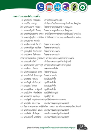 ((PREVENTION) แนวปฏิบัติเพ�่อความปลอดภัย ของรถพยาบาลฉุกเฉิน
EMERGENCY
P
reventio
n
49
คณะทำ�งานและให้ความเห็น
	 18. นายสุทัศน์  กองขุนทด	 สำ�นักสาธารณสุขฉุกเฉิน
	 19. นายวินัย  ทองชุบ 	 สำ�นักงานป้องกันและควบคุมโรคที่ 9 จ.พิษณุโลก
	 20. นางเบญจมาศ  ปิงเมือง	 โรงพยาบาลพุทธชินราช (จ.พิษณุโลก)
	 21. นางสาวอัญชลี  บัวทอง	 โรงพยาบาลพุทธชินราช (จ.พิษณุโลก)
	 22. แพทย์หญิงแสงดาว  อุประ	 สำ�นักโรคจากการประกอบอาชีพและสิ่งแวดล้อม
	 23. แพทย์หญิงชุลีกร  ธนธิติกร	 สำ�นักโรคจากการประกอบอาชีพและสิ่งแวดล้อม
	 24. นางนุชนารถ  นาคขำ�
	 25. นางนิตยาภรณ์  สีหาบัว	 โรงพยาบาลขอนแก่น
	 26. นางสาวศิริกุล  กุลเลียบ 	 โรงพยาบาลขอนแก่น
	 27. คุณธัญรัสมิ์  ปิยวัชรเวลา	 โรงพยาบาลขอนแก่น
	 28. นายไพศาล  โชติกล่อม	 โรงพยาบาลขอนแก่น
	 29.นางสาวเทวารักษ์ ภูครองนาค  สำ�นักงานสาธารณสุขจังหวัดขอนแก่น
	 30. นางอนงค์ มณีศร	ี	 สำ�นักงานสาธารณสุขจังหวัดสุรินทร์
	 31. นางเทียนทอง บุญยรางกูร	 สำ�นักงานสาธารณสุขจังหวัดบุรีรัมย์
	 32. นายทินกร  นิลผาย	 เทศบาลนครรังสิต
	 33. นางสาวอัจฉราวดี  สุจริต	 โรงพยาบาลเมโย
	 34. นายอภินันท์  สืบตระกุล	 โรงพยาบาลเมโย
	 35. นายสุรพล  พูลเกษ	 มูลนิธิปอเต็กตึ๊ง
	 36. นายธีรวุฒิ  คำ�ภิมาบุตร	 มูลนิธิปอเต็กตึ๊ง
	 37. นายอรัญ  โตทวด	 มูลนิธิปอเต็กตึ๊ง
	 38. นายพุฒินันท์  วงษ์สุมาลี	 มูลนิธิปอเต็กตึ๊ง
	 39. นายวันจักร  จันทร์สว่าง	 มูลนิธิพิทักกาญจน์
	 40. นายไพศาล  ศุภวังกุล	 มูลนิธิฮุก 31
	 41. นายวิสุทธิ์  กฤตยาอรรณพ	มูลนิธิสว่างเมตตาธรรมสถาน
	 42. นายสุรชัย  ศิลาวรรณ	 สถาบันการแพทย์ฉุกเฉินแห่งชาติ
	 43. เรืออากาศเอกนายแพทย์อัจฉริยะ  แพงมา  สถาบันการแพทย์ฉุกเฉินแห่งชาติ
	 44. นางสาวกมลทิพย์  แซ่เล้า	 สถาบันการแพทย์ฉุกเฉินแห่งชาติ
	 45. นางพิศมัย  พันธ์ครุฑ	 สถาบันการแพทย์ฉุกเฉินแห่งชาติ
	 46. นายบุญฤทธิ์  เพชรรักษ์	 สถาบันการแพทย์ฉุกเฉินแห่งชาติ
 