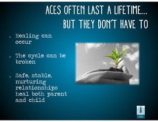 ACEs Often Last a Lifetime…
But They Don’t Have To
• Healing can
occur
• The cycle can be
broken
• Safe, stable,
nurturing
relationships
heal both parent
and child
 