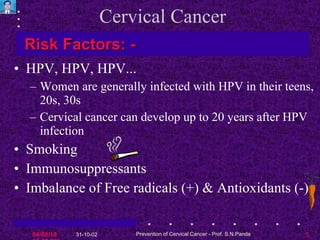 Cervical Cancer HPV, HPV, HPV... Women are generally infected with HPV in their teens, 20s, 30s  Cervical cancer can develop up to 20 years after HPV infection Smoking Immunosuppressants Imbalance of Free radicals (+) & Antioxidants (-) Risk Factors : - 